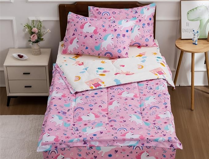 Meeting Story 3pcs Zipper Bedding Set for Girls,Zip Up Bedding Full Kid Bedding Set Rainbow Comforter Unicorn Bedding for Kid,All in one Zipper Bedding(Pink,Full)