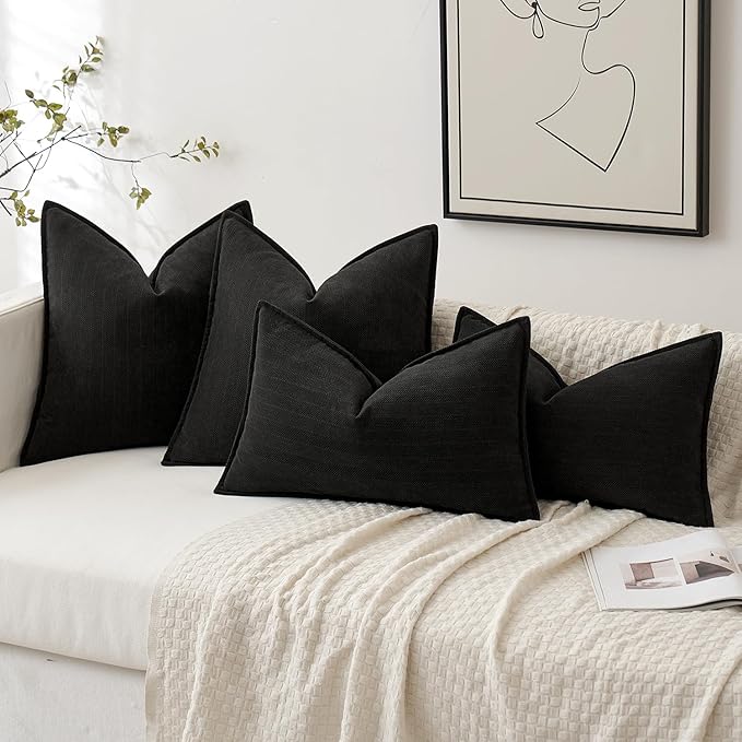 MIULEE Pack of 2 Black Decorative Pillow Covers 24x24 Inch Soft Chenille Luxurious Couch Throw Pillows Farmhouse Cushion Covers Euro Shams with Elegant Design for Sofa Bedroom Living Room Home Decor