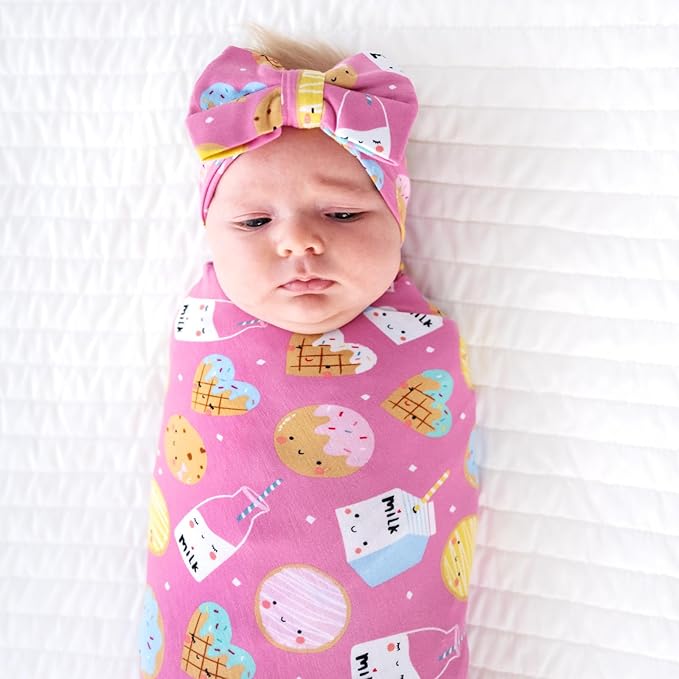 Little Sleepies Swaddle & Headband Bow Set, Viscose from Bamboo Baby Swaddles, Newborn Baby Girl Clothes (Luxe Pink Cookies & Milk)