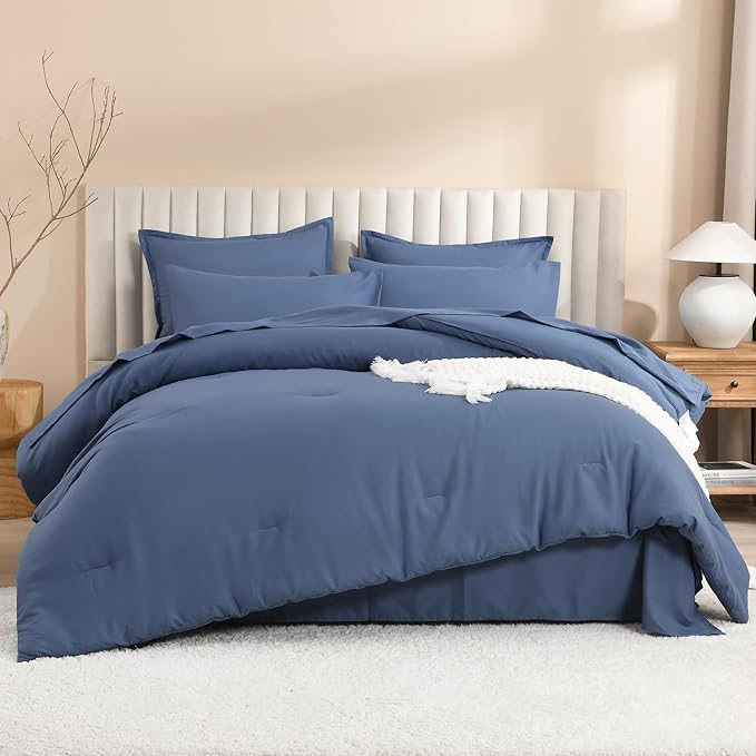 Litanika Queen Comforter Set Ocean Blue - 7 Pieces Bed in a Bag Queen Bedding Comforter Sets, Solid Lightweight Bed Set with Comforter, Sheets, Pillowcases & Shams