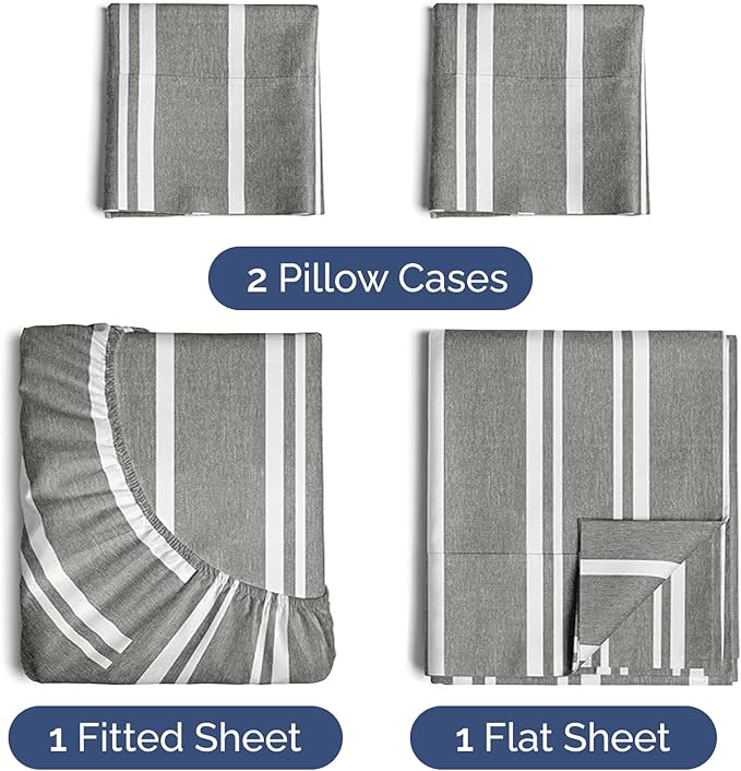 Twin 4 Piece Sheet Set - Comfy Breathable & Cooling - Soft Hotel Luxury Bedding Set with 8-16 Inch Deep Pockets - 1 Flat & 1 Fitted Sheet & 2 Pillowcases - Wrinkle Free & Easy Care - Grey Stripes 3