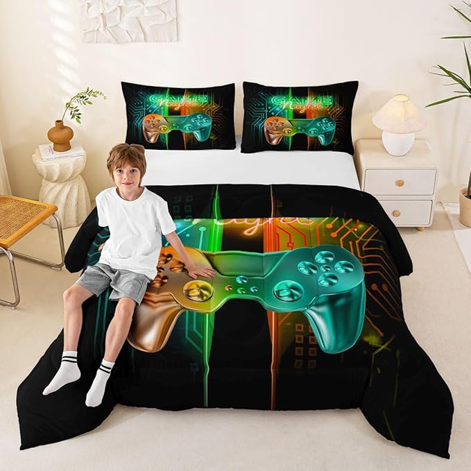 Feelyou Gamer Comforter Kids Gaming Video Game Comforter Set for Boys Teens Noverlty Modern Gamepad Bedding Set Breathable Gamer Console Bedding Duvet Set Bright Orange Green Room Decor Queen Size