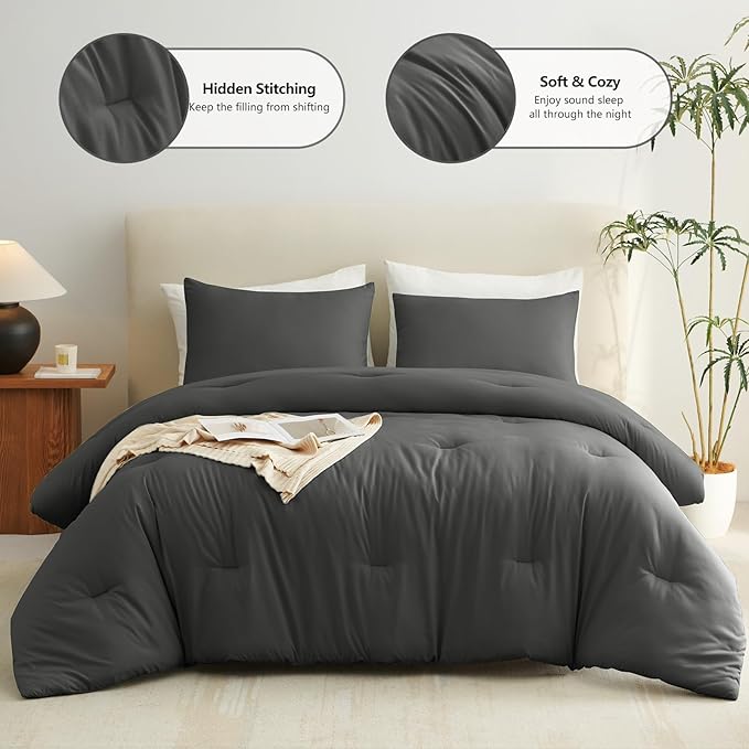 CozyLux Oversized King Comforter Set Dark Grey, 3 Pieces 120x98 Solid Breathable Quilted Style Bedding Sets All Season, Luxury Soft Down Alternative Comforter Bed Set (1 Comforter & 2 Pillowcases)