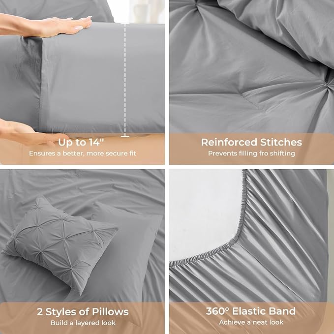 Sasttie Twin Comforter Set, 5-Piece Bed in a Bag, Pintuck Bedding Sets for All Season, Includes Comforter, Flat Sheet, Fitted Sheet, Pillowcase and Pillowsham, Light Grey
