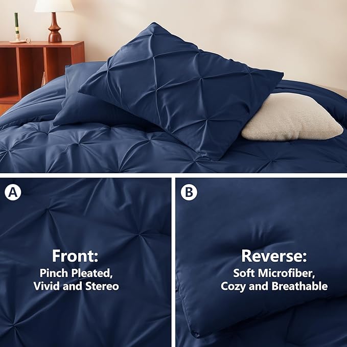 Full Comforter Set Navy Blue, 7 Pieces Pintuck Bed in A Bag Full Size Bedding, Soft Bed Set All Season Pinch Pleat Comforter Set with Sheets, Pillowcases & Shams