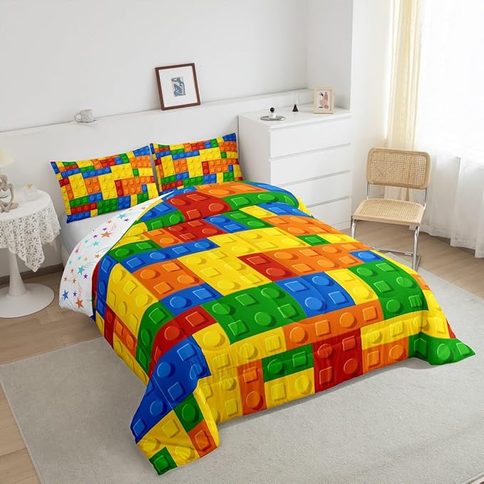 Feelyou Games Comforter Set Twin Size Building Blocks Bedding Set for Kids Boys Girls Colorful Geometric Toy Brick Comforter Gaming Nursery Quilt Duvet Set with 1 Pillowcase Boys