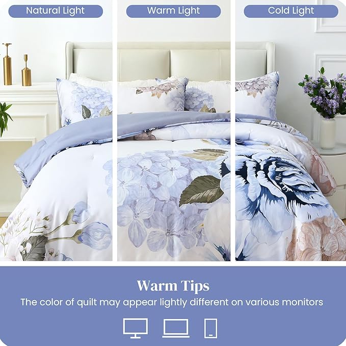 Floral Comforter Set Queen Size, 3 Pieces Elegant Blue Floral Bed in a Bag, Soft Microfiber Botanical Flower Bedding Set with 2 Pillowcases for All Season 90"×90"