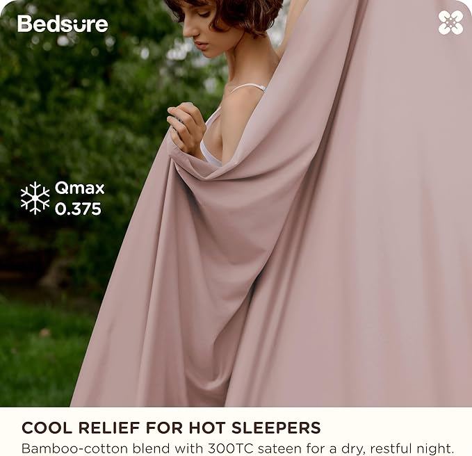 Bedsure Cooling Sheets, Rayon Derived from Bamboo & Cotton Blend, GentleSoft, Breathable, Queen Sheet Set, Deep Pocket Up to 18 Inches, Hotel Luxury Bedding for Hot Sleepers, Rose Pink