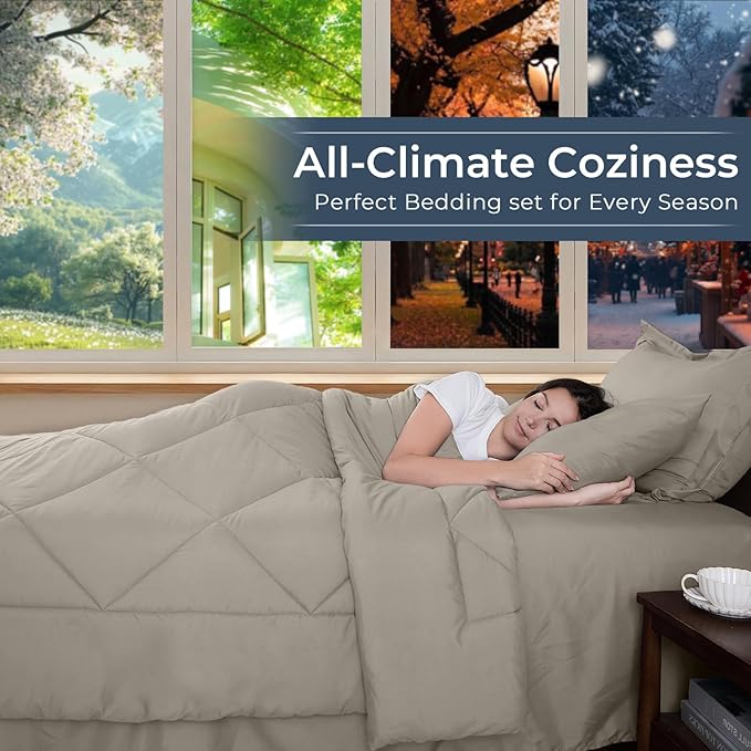 HEVUMYI Linen California King Comforter Set - 7-Piece All Season Bed in a Bag Cal King, Ultra Soft Bedding Set with Comforter, Flat Sheet, Fitted Sheet, Pillowcases, Pillow Shams