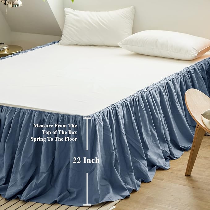 BISELINA French Linen Bed Skirt with Pleated Frills 22-Inch Tailored Drop Natural Flax Cotton Blend Dust Ruffle Soft Cozy Farmhouse Bedding (22" Queen, Navy Blue)