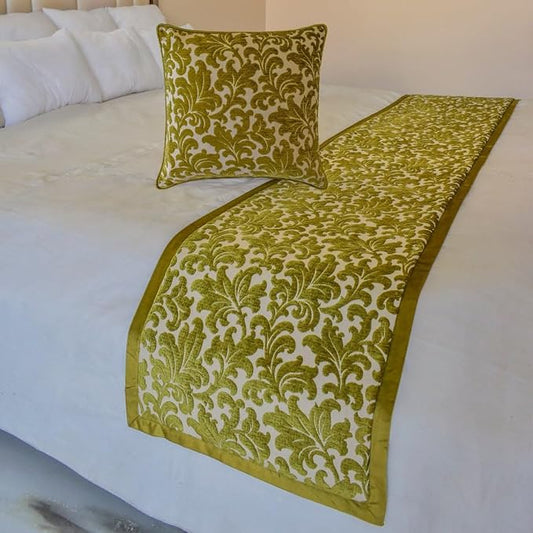 The HomeCentric King/Queen/Twin Chartreuse Decorative King 90"x18" Bed Runner Without Pillow Cover, Velvet, Floral Pattern Bed Scarf on Velvet Fabric - Enchanted Chartreuse