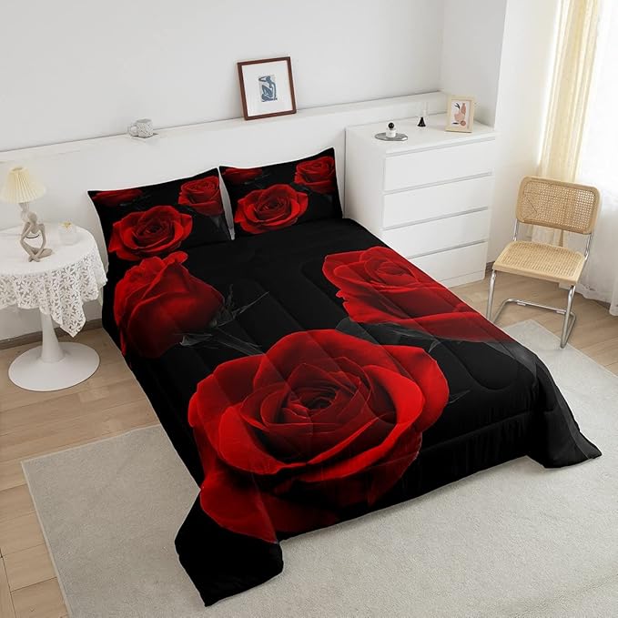 Feelyou Red Roses Bedding Set Luxury Rose Floral Comforter Set for Girls Women Couple Lover Romantic Flowers Comforter Valentine's Day Duvet Set Red Black Bedroom Decor Quilt Set 3Pcs King Size
