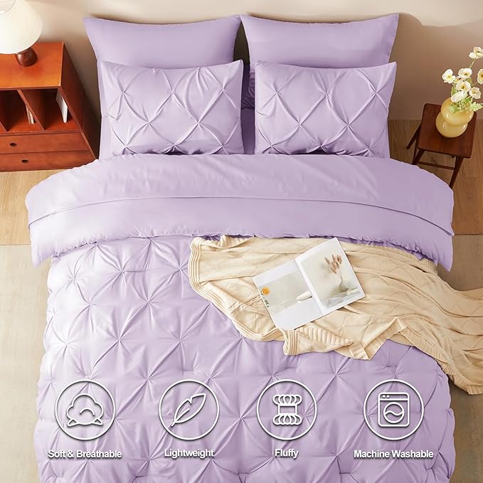 King Comforter Set Lavender, 7 Pieces Pintuck Bed in A Bag King Size Bedding, Soft Bed Set All Season Pinch Pleat Comforter Set with Sheets, Pillowcases & Shams