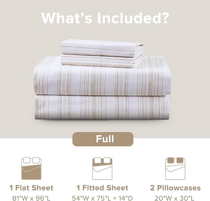 Comfort Spaces 100% Cotton Sheets Full, Breathable, Naturally Cool Cotton Sheets, Cotton Bed Sheets with 14" Elastic Pocket Fits up to 16" Mattress, All Seasons Sheet Set, Good Vibes Taupe 4 Piece