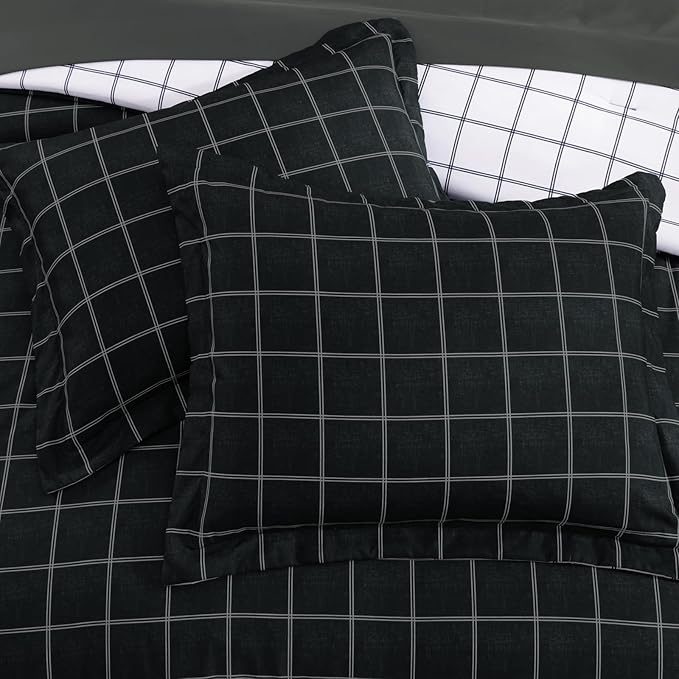 Plaid Twin XL Comforter Set Black, Reversible Checkered Bedding Set 5 Pieces for Boys Girls Teen, Lightweight Bed in a Bag for Dorm with Sheets, Pillowcase & Sham