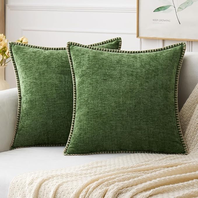 MIULEE Pack of 2 Pillow Covers 20x20 Inch Moss Green Farmhouse Decorative Throw Pillow Covers with Stitched Edge Soft Chenille Solid Dyed Couch Pillow Covers for Sofa Bed Living Room