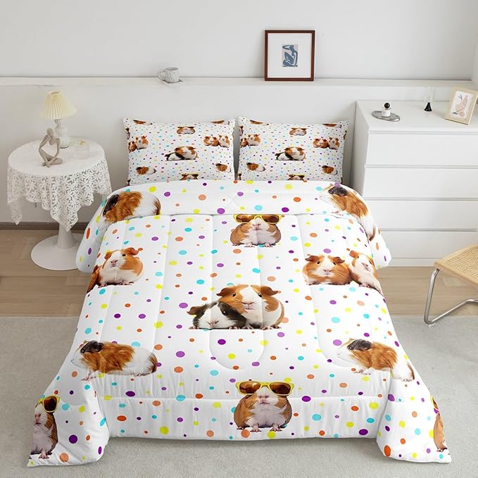 Feelyou Guinea Pig Bedding Set for Girls Boys Children Cute Cavy Pattern Comforter Decorative Cartoon Lovely Pet Animal Comforter Set Toddler Size Colorful Polka Dots Duvet Set 2Pcs Sets