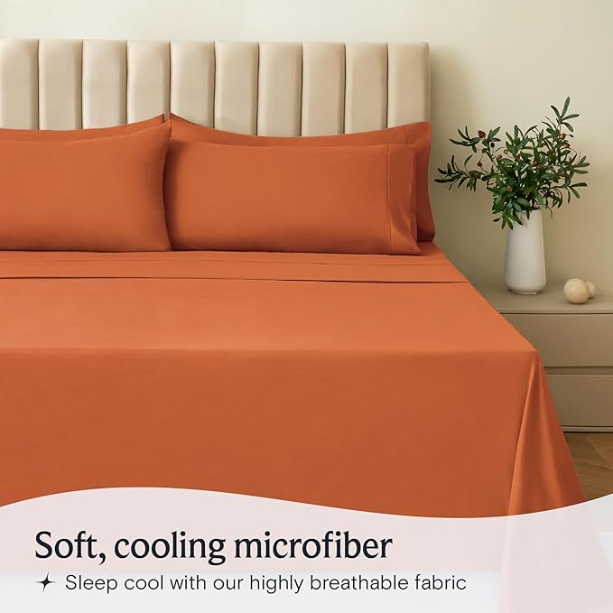 LuxClub 4 PC California King Size Sheet Set Deep Pockets 18" Wrinkle Free Cooling Sheets Machine Washable Hotel Bedding Silky Soft - Autumn Orange California King