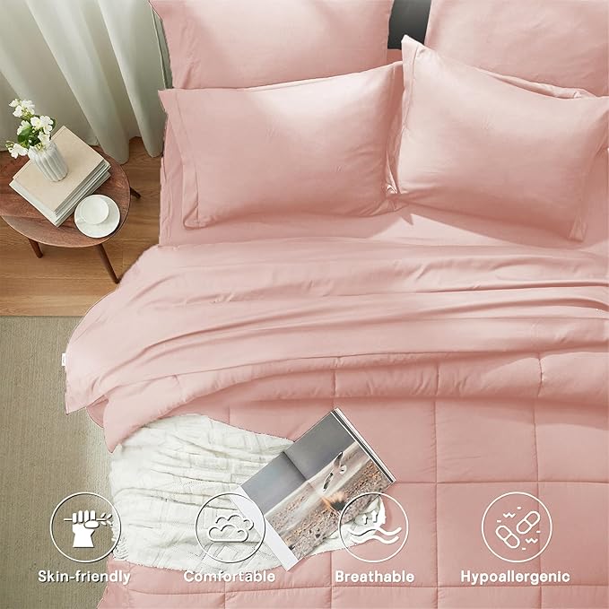 Anluoer King Size Bed in a Bag 7 Pieces, Pink Comforter Set with Sheets, All Season Bedding Sets with 1 Comforter, 2 Pillow Shams, 2 Pillowcases, 1 Flat Sheet, 1 Fitted Sheet