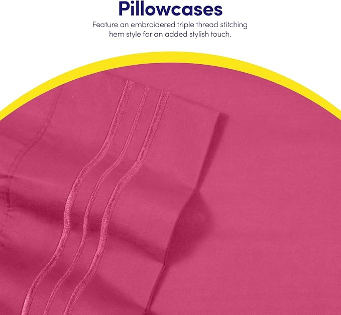 Twin XL Size Sheet Set with Built-in Sheet Straps - Deep Pocket Fitted Sheet, Flat Sheet & Pillowcases - Soft, Wrinkle-Free, Secure Fit - Fuschia