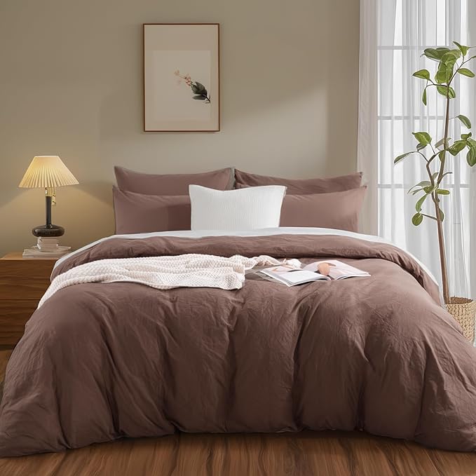 NEXHOME PRO Queen Duvet Cover Set, 100% Certified Organic Cotton with Washed Feel & Linen-Like Texture, Comfortable & Breathable, Home Bedding Set Dark Brown (No Comforter)
