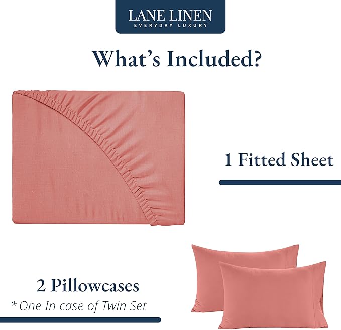 LANE LINEN 100% Organic Cotton Twin Fitted Sheet, 2-Piece Set (1 Fitted Sheet, 1 Pillowcase), Percale Weave, Lightweight, Soft, Breathable, Fits Mattress Upto 15' Deep - Rose Dawn (No Flat Sheet)