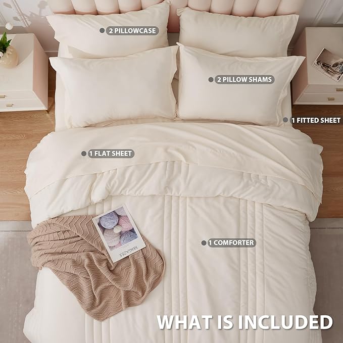 King Comforter Set Beige - Bed in a Bag King Size 7 Pieces, Soft Bedding Set for All Seasons, Premium King Comforter Set with Comforter, Sheets, Pillowcases & Shams
