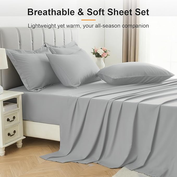 California King Size Comforter Set 7 Pieces - Soft Bed in a Bag King Bed Set, Cozy Luxury Bedding Sets with All Season Comforter, Flat Sheet, Fitted Sheet, 2 Pillowcases & 2 Shams, Light Gray