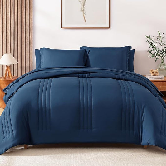 Monbix King Size Comforter Set - 7 Pieces Serenity Blue Bed in a Bag, King Size Bedding Sets with Comforters, All Seasons Comforter with Sheets,Pillowcases & Shams
