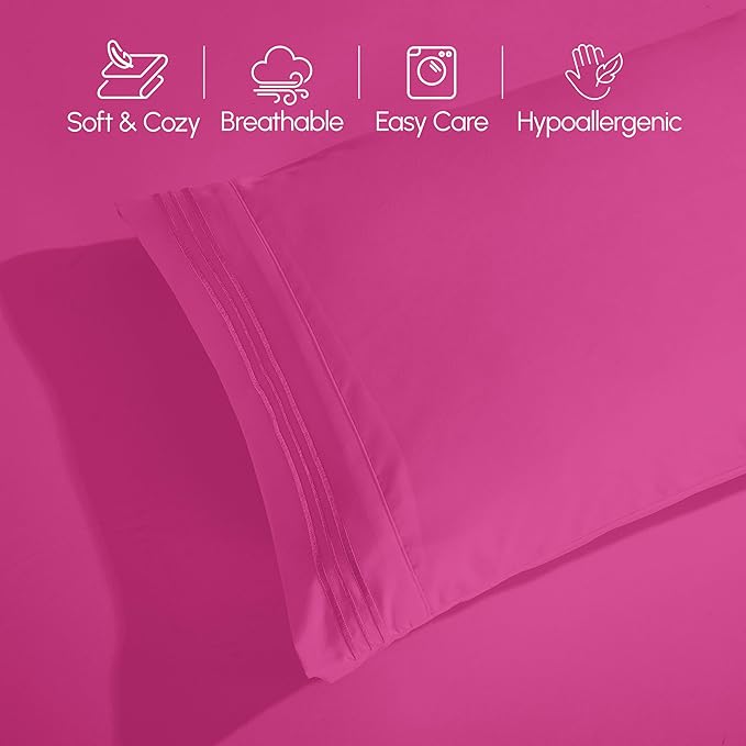 Elegant Comfort Luxurious 1500 Premium Hotel Quality Microfiber Three Line Embroidered Softest 4-Piece Bed Sheet Set, Wrinkle and Fade Resistant, Full, Hot Pink