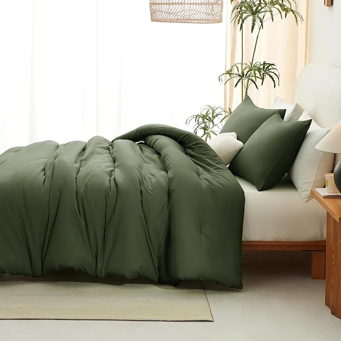 CozyLux Oversized King Comforter Set Olive Green, 3 Pieces 120x98 Solid Breathable Quilted Style Bedding Sets All Season, Luxury Soft Down Alternative Comforter Bed Set (1 Comforter & 2 Pillowcases)