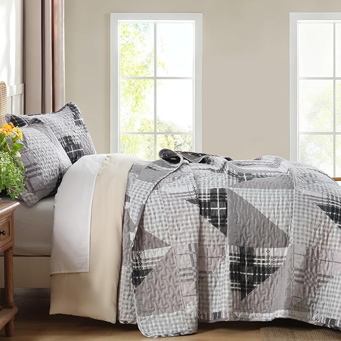Annibedding Grey Quilt Set Queen Size, Geometric Patchwork Bedspread Coverlet Set with 2 Pillow Shams, Soft Microfiber Country Bedding Set for All Season (Queen, 96''x90'')