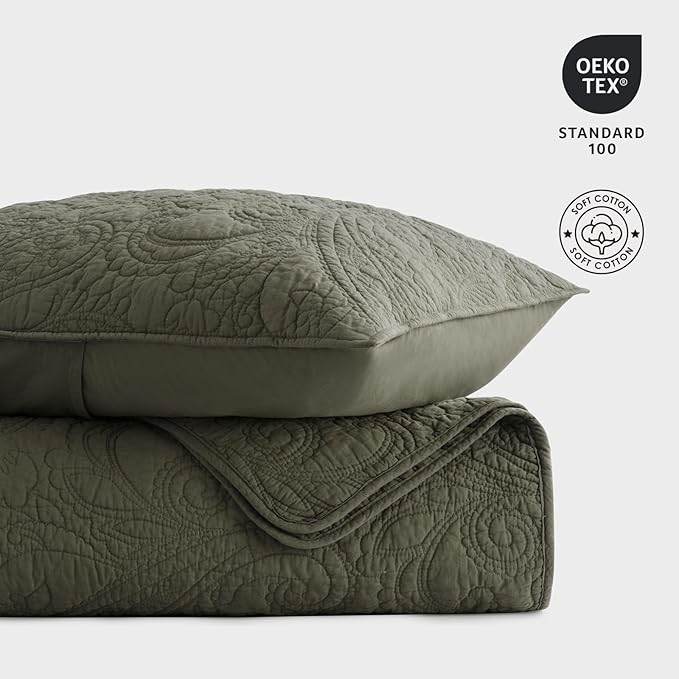 EVERGRACE 100% Cotton Paisley Quilt Set, Queen Size 3 Piece Set – Prewashed Lightweight Bedspread with 2 Shams, Soft & Breathable Coverlet for All-Season Comfort, Olive Green