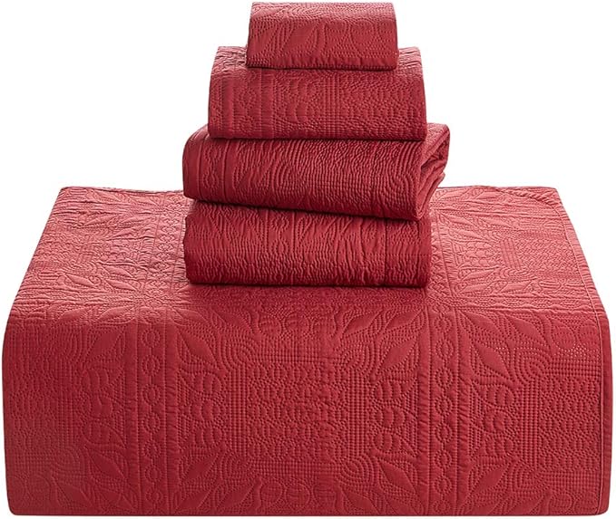 Hearth & Harbor Quilts King Size - All Season Bedspread Coverlet Set, Pinsonic Weave Lightweight Bedding Set - 5 Piece King Quilt Set with Pillow Shams, Grid - Burgundy