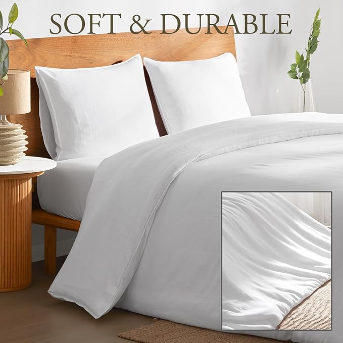 DAPU 100% Linen Duvet Cover Set - Pure Natural French Flax Linen with Multiple Corner Ties and Zipper Closure Soft Breathable Durable for Hot Sleepers 1 Duvet Cover 2 Pillowcases (White, King)