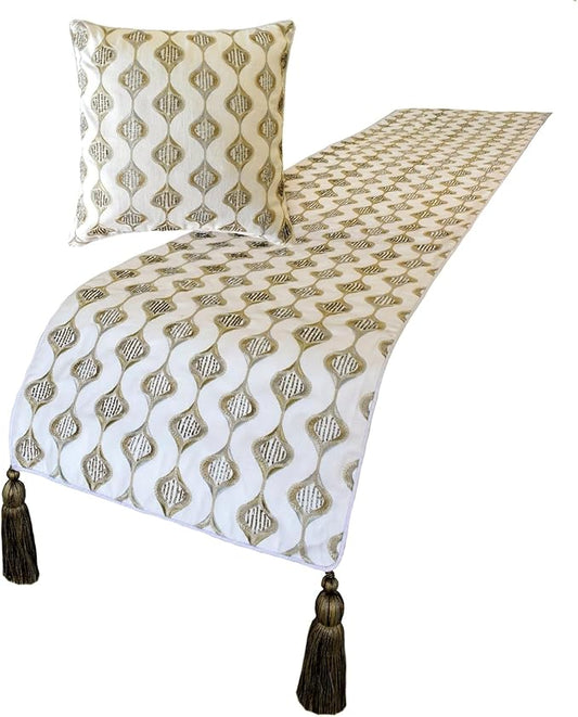 The HomeCentric King/Queen/Twin Beige Decorative Bed Runner Queen 74"x18" Bed Runner with One Pillow Cover, Embroidery, Geometric, Beaded Hand Embroidery Bed Scarf on Linen Fabric - Mahsa
