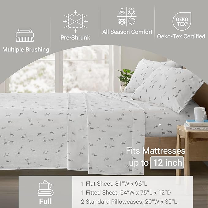 True North by Sleep Philosophy Flannel Sheets Full Size, Cozy 100% Cotton Flannel Bed Sheets, Ultra Soft Cute Sheet Set, Elastic Pocket Fits Up to 14" Mattress, Skiiers 4 Piece