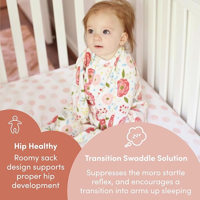 SleepingBaby Zipadee-Zip Transition Swaddle - Cozy Fleece Wearable Blanket with Two-Way Zipper for Baby Sleep - Pretty Poppy, Medium (6-12 Month)