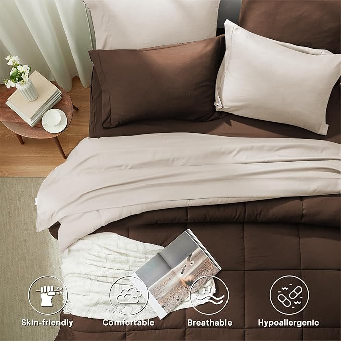 Anluoer Queen Comforter Set,Brown&Beige Bed in a Bag 7 Piece,Lightweight Bedding Set with Soft Down Alternative Fill,Bed Set Includes Comforter, Fitted Sheet, Flat Sheet,Pillowcases and Shams