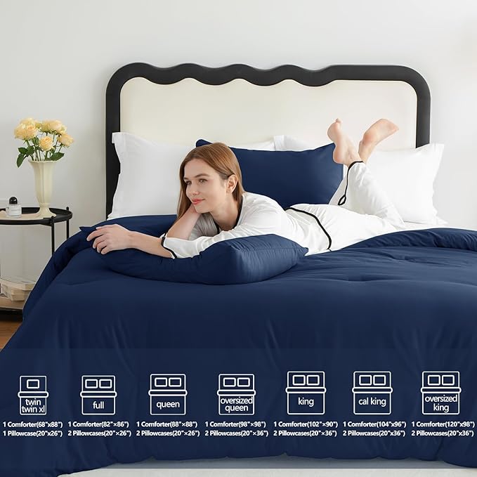 CozyLux Oversized King Comforter Set Navy Blue, 3 Pieces 120x98 Solid Breathable Quilted Style Bedding Sets All Season, Luxury Soft Down Alternative Comforter Bed Set (1 Comforter & 2 Pillowcases)