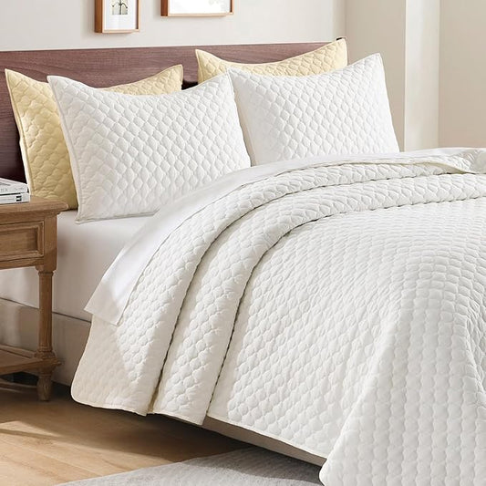 HORIMOTE HOME Cream Quilt Queen Size, Lightweight Quilts for Summer Ultra-Soft Microfiber Modern Style Quilted Clouds Pattern Bedspread Quit Set 3 Pieces(1 Quilt and 2 Pillow Shams)