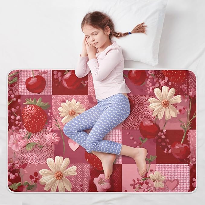 Waterproof Bed Pad Reusable Changing Pad Toddler Mattress Protector Large Pee Pad Baby Diaper Pad Soft Washable Liner Red Checkered Floral Cherry Strawberry