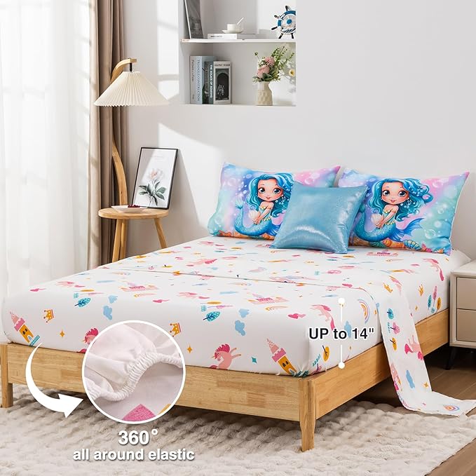 A Nice Night Mermaid Comforter Set Full 6-Piece Bed in a Bag for Girls, Soft Polyester Bedding with Sheet Set & Pillowcases, Princess Character Theme Kids Full Bedding