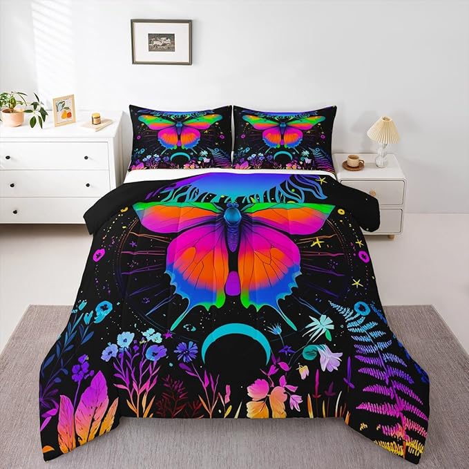 Erosebridal Moth Comforter Set King Hippie Psychedelic Sun and Moon Bedding Set,Purple Blue Ombre Galaxy Floral Botanical Comforter for Girls Teens Women Stars Planet Quilt Duvet 2 Pillowcases