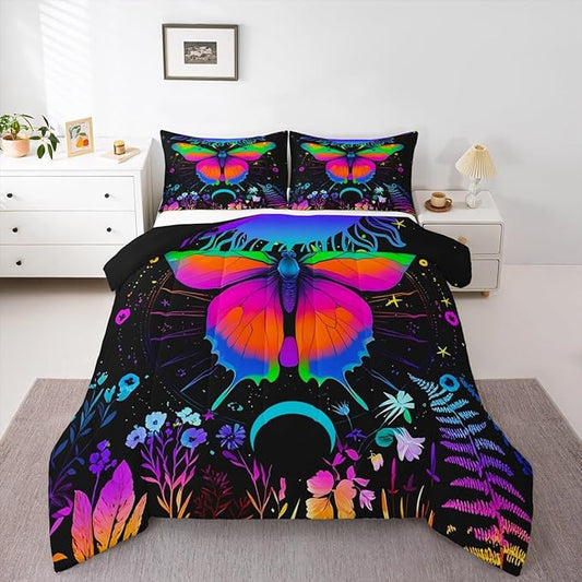 Erosebridal Moth Comforter Set King Hippie Psychedelic Sun and Moon Bedding Set,Purple Blue Ombre Galaxy Floral Botanical Comforter for Girls Teens Women Stars Planet Quilt Duvet 2 Pillowcases