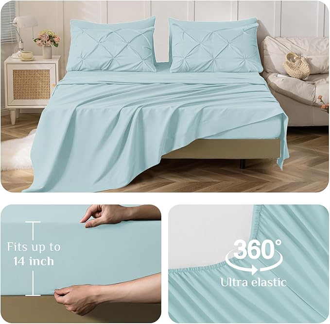 JOLLYVOGUE King Size Comforter Set 7 Pieces - Bed in a Bag King for All Season, Pintuck Bedding Comforter Sets with Comforter, Flat Sheet, Fitted Sheet and Pillowcases & Shams, Light Blue