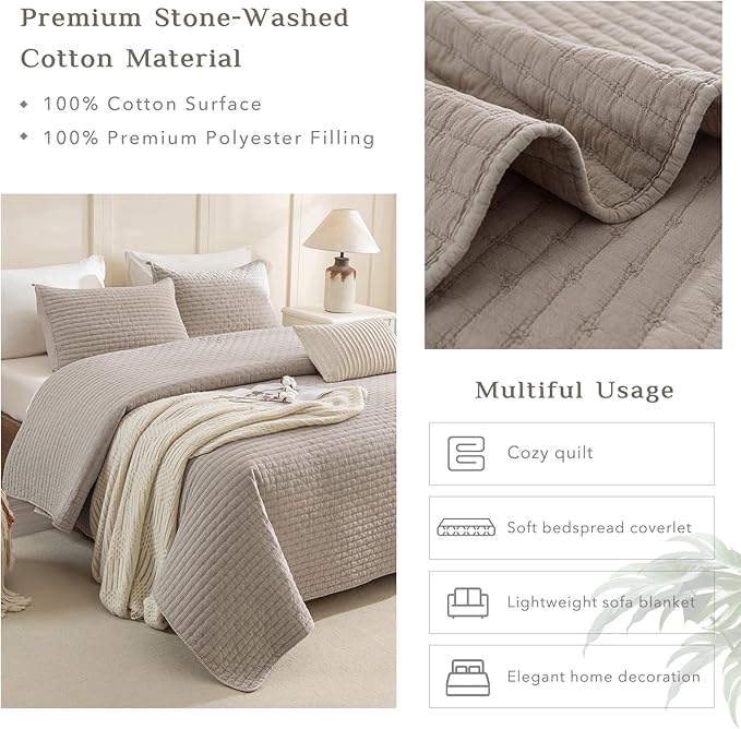 CozyTide Oversized King Bedspread 120x120,3Pcs Stone-Washed Cotton Extra Large Farmhouse Lightweight King Quilt Bedding Set Oversized Linen Colored Soft Summer California King Quilt Coverlet