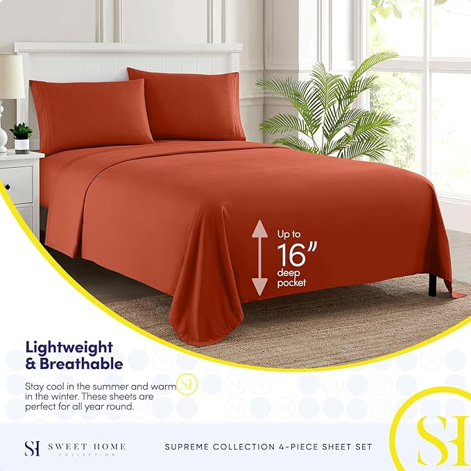 California King Sheet Sets - Breathable Luxury Sheets with Full Elastic & Secure Corner Straps Built In - 1800 Supreme Collection Cal King Deep Pocket Bedding Set, Sheet Set, California King, Rust