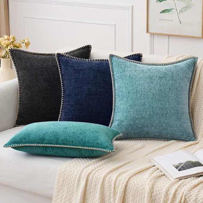 MIULEE Pack of 2 Couch Throw Pillow Covers 24x24 Inch Navy Blue Farmhouse Decorative Pillow Covers with Stitched Edge Soft Chenille Solid Dyed Spring Pillow Covers for Sofa Bed Living Room
