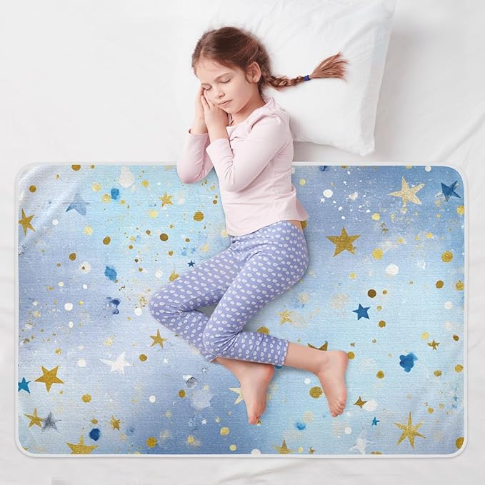Waterproof Bed Pad Reusable Changing Pad Toddler Mattress Protector Large Pee Pad Baby Diaper Pad Soft Washable Liner Blue Golden Stars